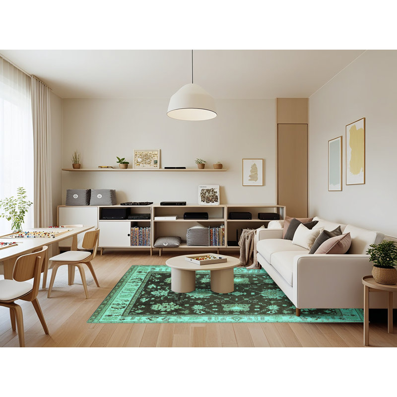 Tapis oriental en laine / polyester tissé à la machine en turquoise / noir, Rectangle 7 pi x 9 pi