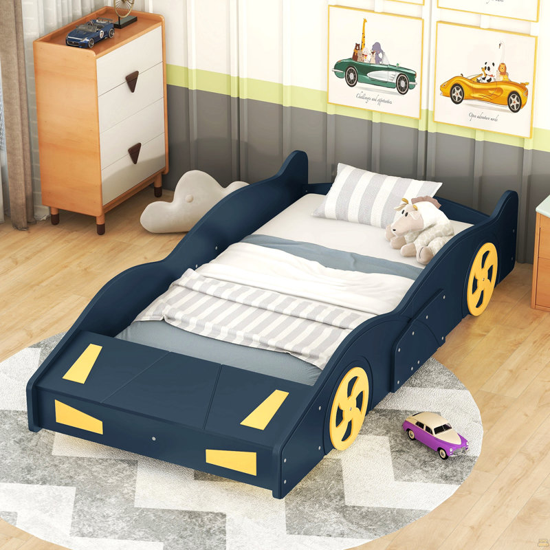 Lit plateforme simple en forme de voiture de course avec roues et rangement, Lit simple