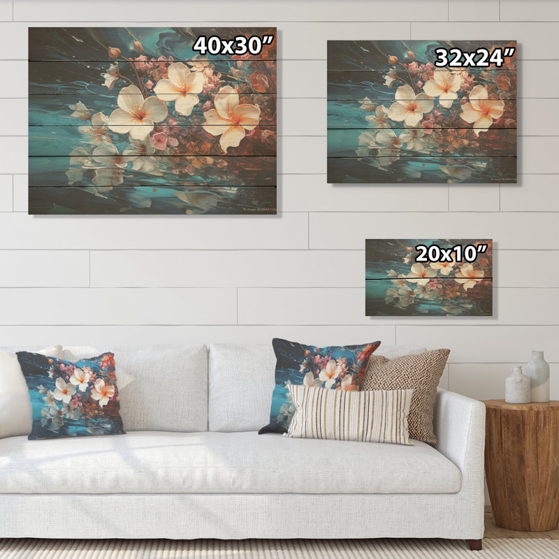 Plumeria blanc, art liquide, champ de fleurs I - champ de fleurs, art mural sur bois de pin naturel, H 10 po x l 20 po