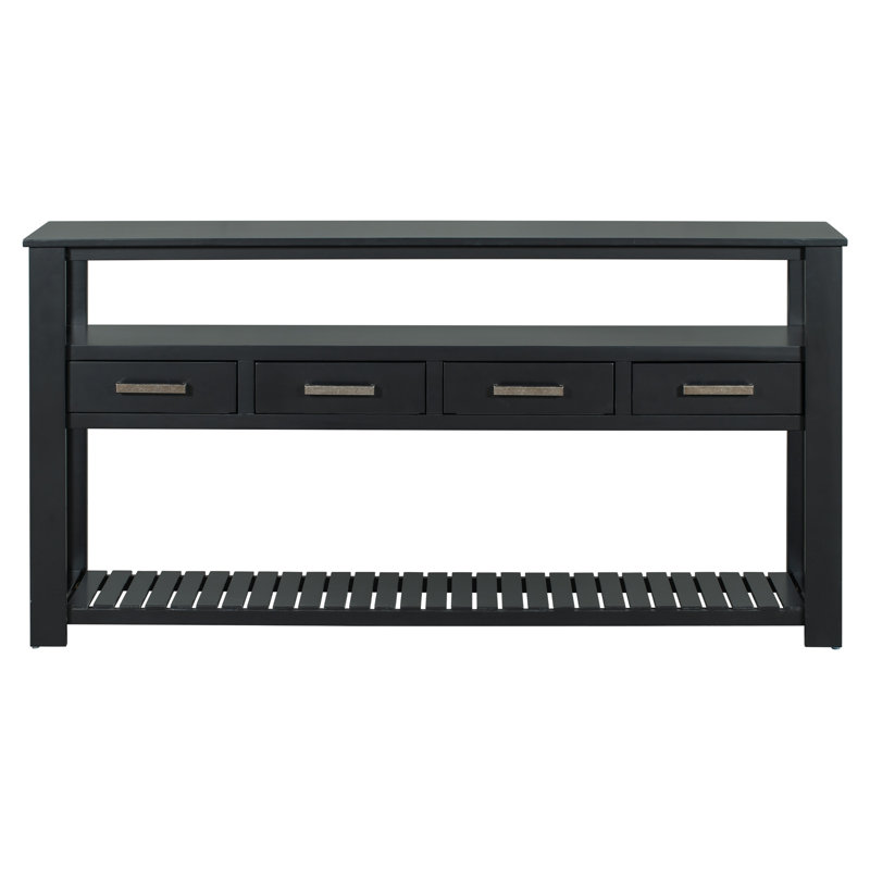 Grande console d'entrée avec 4 tiroirs et 3 tablettes ouvertes, Noir