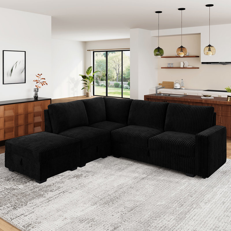 Canapé modulaire en L Brunella, Velours côtelé noir, H 35 po x l 87 po x P 84,2 po