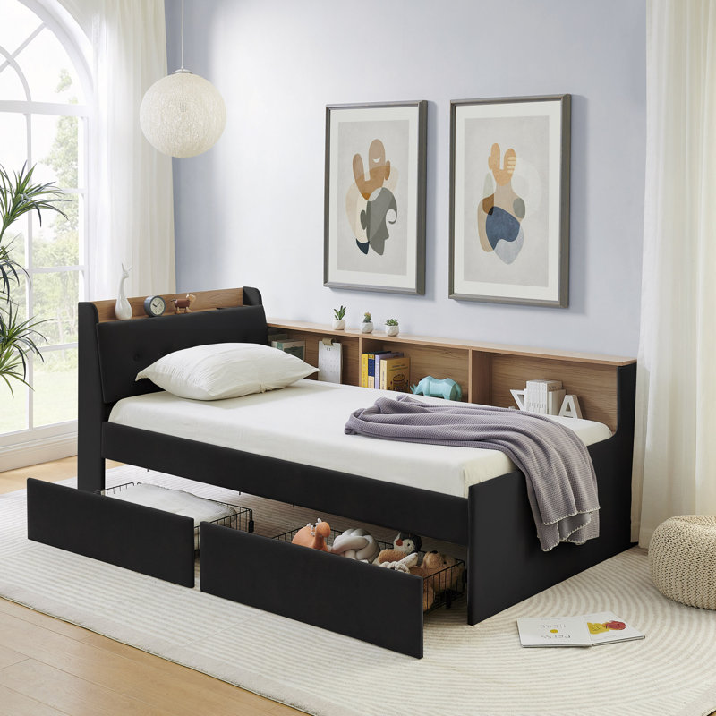 Upholstery Velvet Day Bed With Storage Headboard And Wireless Charging, Multi-Functional Daybed With Two Storage Drawers & LED Lights