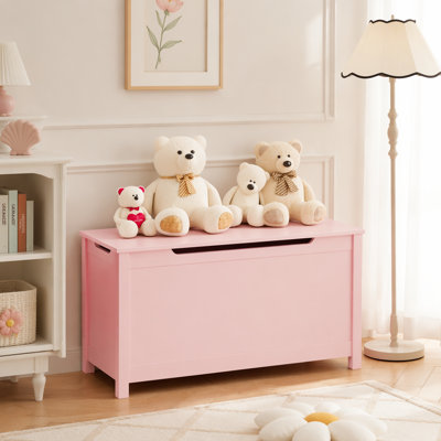 Kids Wooden Toy Box Storage with Safety Hinged Lid for Ages 2+