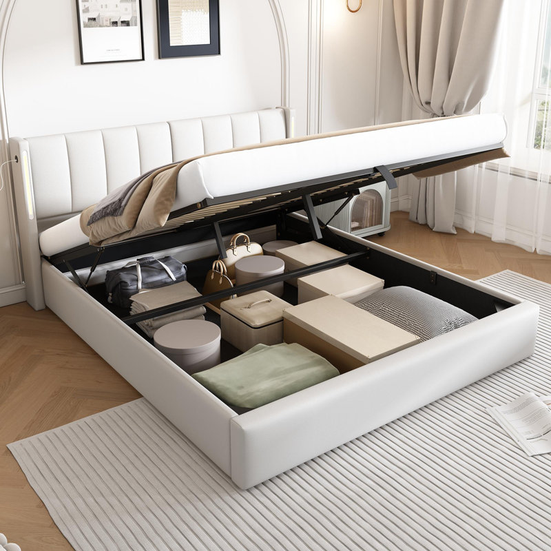 Upholstered Storage Bed With Adjustable Headboard, USB And LED PU, White, Super King (6')