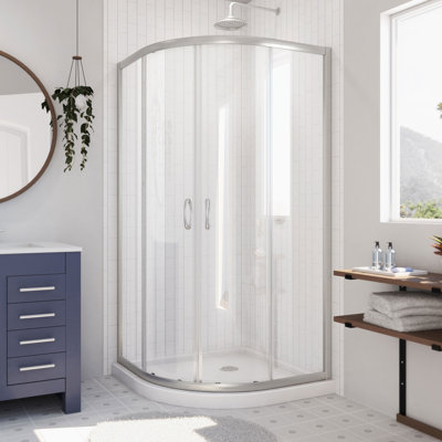 Prime 33" W x 33" D x 74.75" H Semi-Frameless Round Sliding Shower Enclosure with Fixed Panel and Base Included