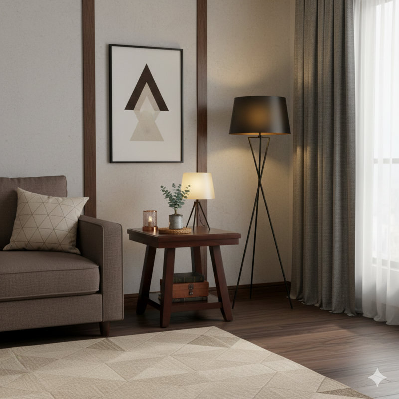 Table de bout moderne, audacieuse et simple avec une finition noyer et une tablette sous la table pour le rangement. Fabriqué à partir de placage de bois d'hévéa, pour le salon.