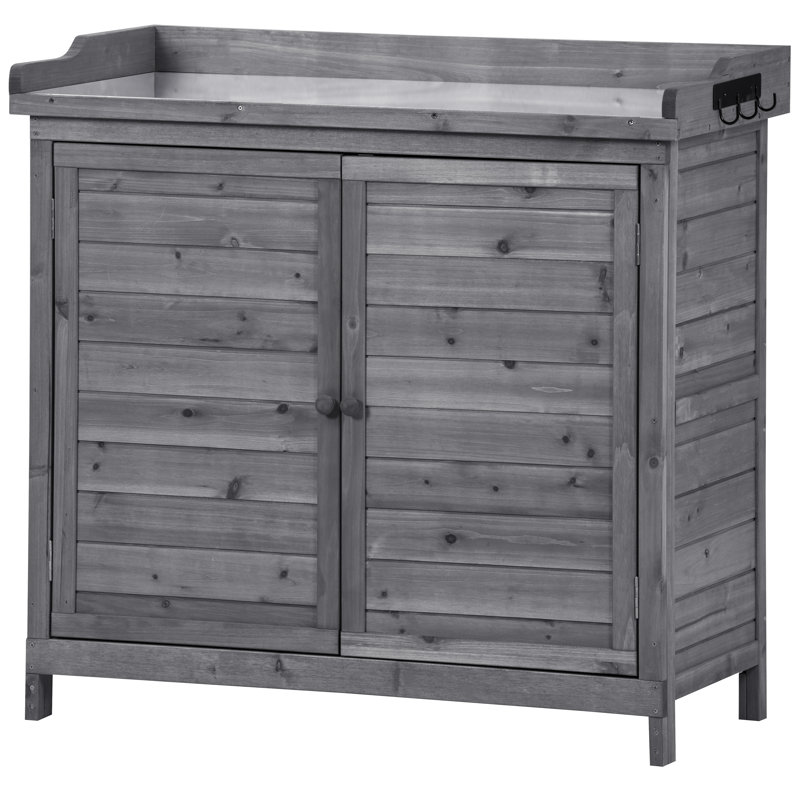 Banc de rempotage extérieur 39 po, poste de travail en bois rustique avec armoire de rangement et crochet latéral, Gris