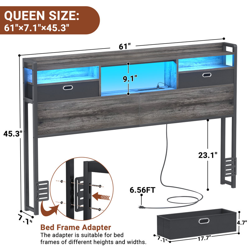 Storage Headboards With Cloth Darwers,Outlets,USB Ports And LED Lights, Gray, Queen