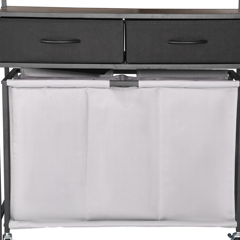 2 Tiers Laundry Sorter, Tall Laundry Hamper With Metal Frame And Wooden Tabletop, 3 Section Rolling Basket Organizer Storage With Ladder Shelves And 600D Oxford Cloth Bags For Dirty Clothes