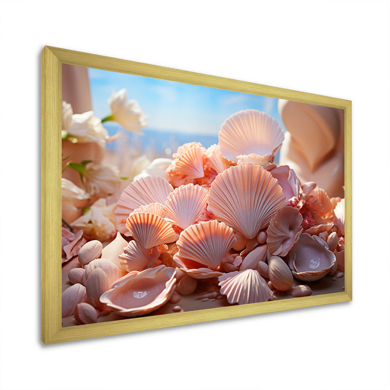 Coquillages romantiques sur toile, H 30 po x l 40 po x P 1,5 po, Cadre doré simple