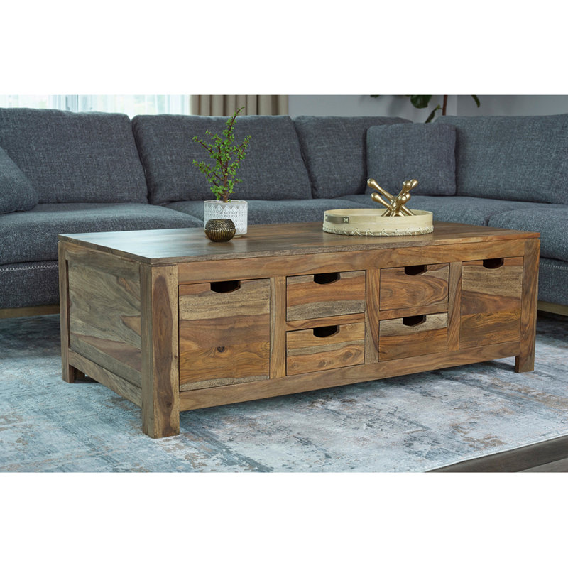 Table basse rectangulaire naturelle à 6 tiroirs, aspect chaleureux, ton et grain faciles à utiliser, tiroirs de rangement