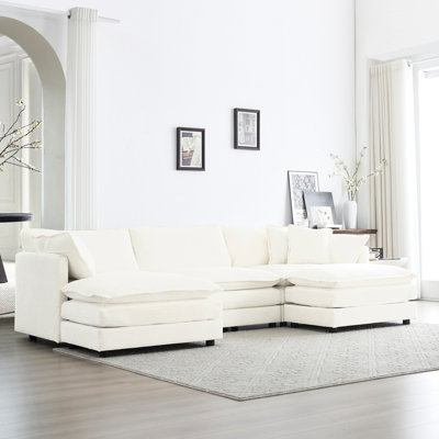 Mobilier de salon, canapé modulaire en U à 5 repose-pieds avec repose-pieds réversible, blanc, rembourrage en éponge pour la chambre, 2 repose-pieds et tissu en chenille