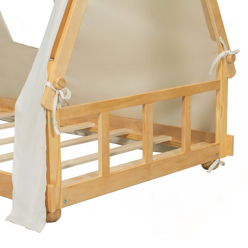 Cabane en bois double avec tente de jeu en tissu et guirlande lumineuse suspendue, blanc