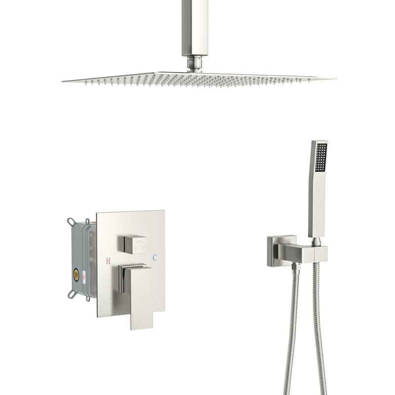 Brushed Nickel Dual Shower Head, 16 Inch Square, Ceiling Mount Feature Mounted Color, Brushed Nickel