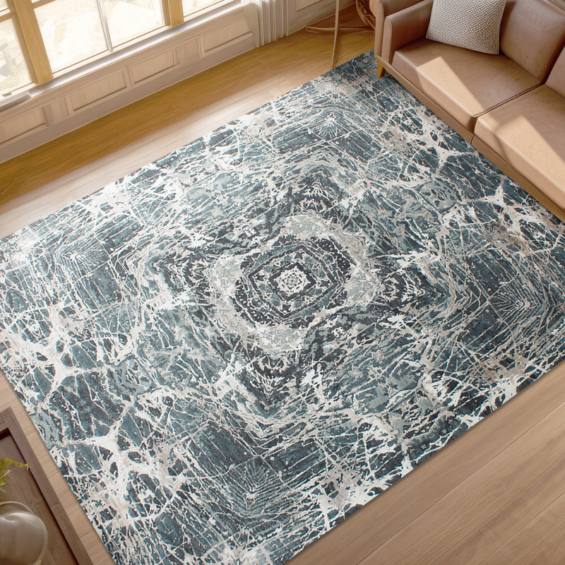Tapis turquoise / chameau en laine noué à la main Abstract, Rectangle 8 pi x 10 pi