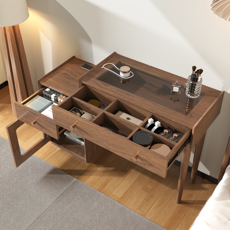 Ismar Walnut Storage Makeup Vanity Adjustable Desk With USB and Solid Wood Legs,Left and Right Installation