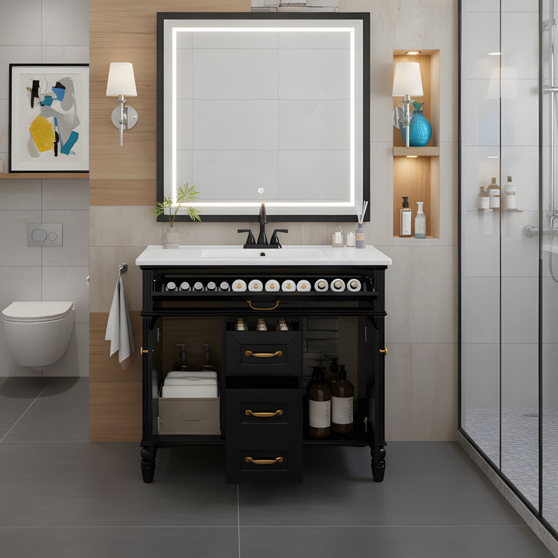 Meuble-lavabo sur pied 36 po avec lavabo en céramique, Noir et or