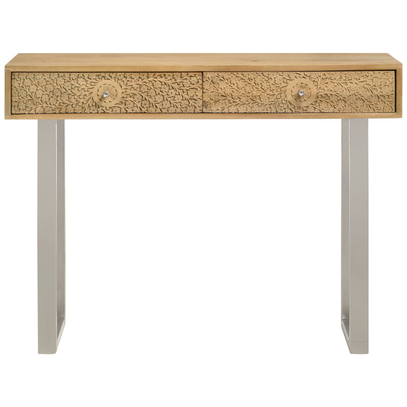 Console à 2 tiroirs aux couleurs naturelles et argentées, base élégante de style traîneau, tiroirs spacieux pour l'organisation, espaces contemporains idéaux, console rectangulaire 32 pouces High Harmony, tons de bois avec