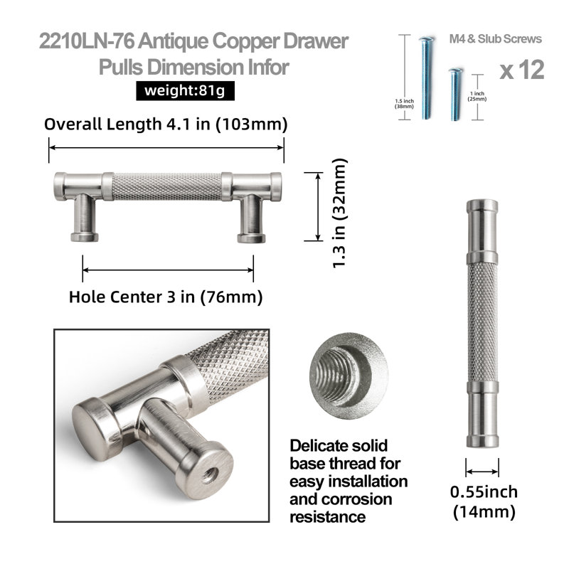  Retro Knurled Non-Slip Handle Multipack, 3", Satin Nickel