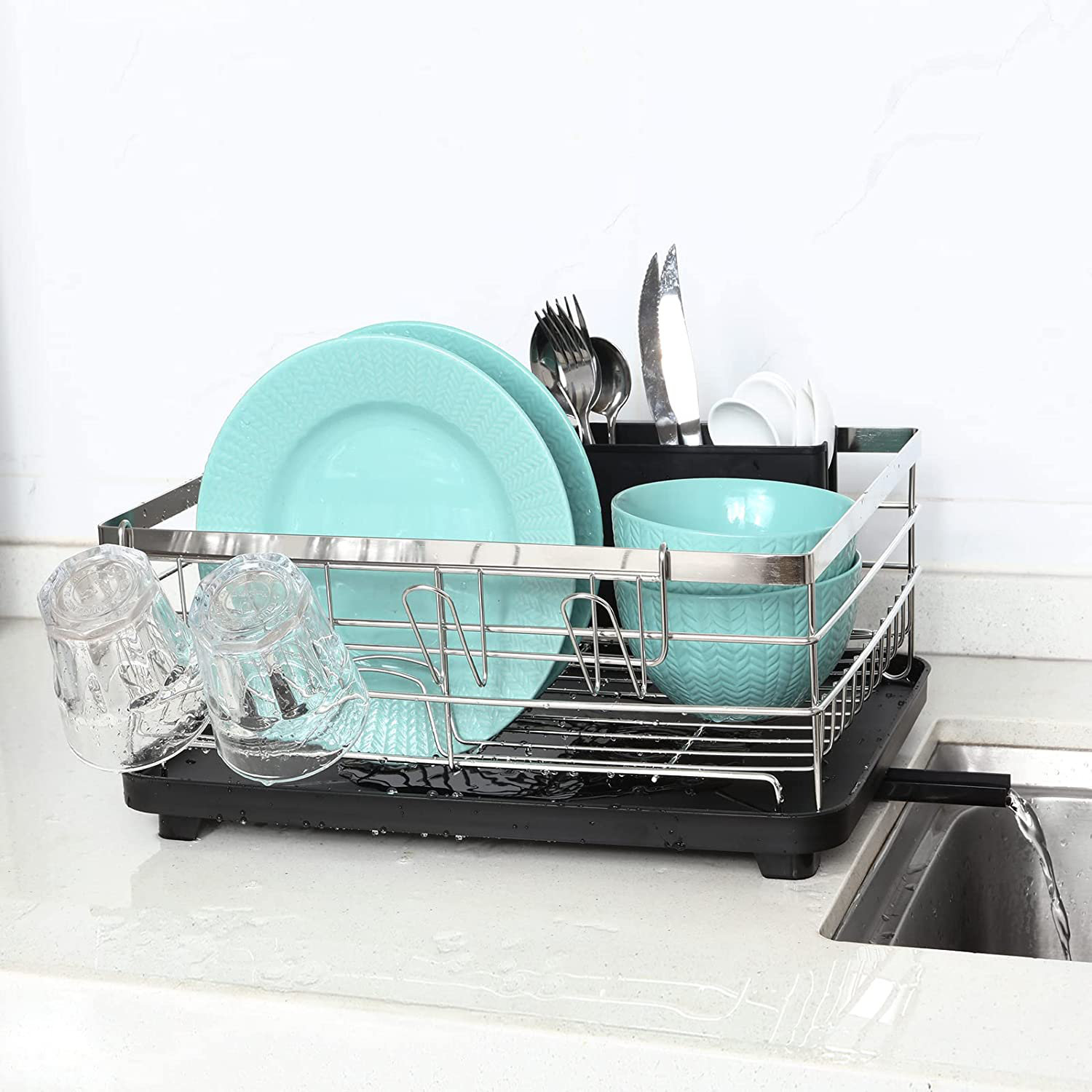 Aluminum Compact Dish Drying Rack with Microfiber Drying Mat