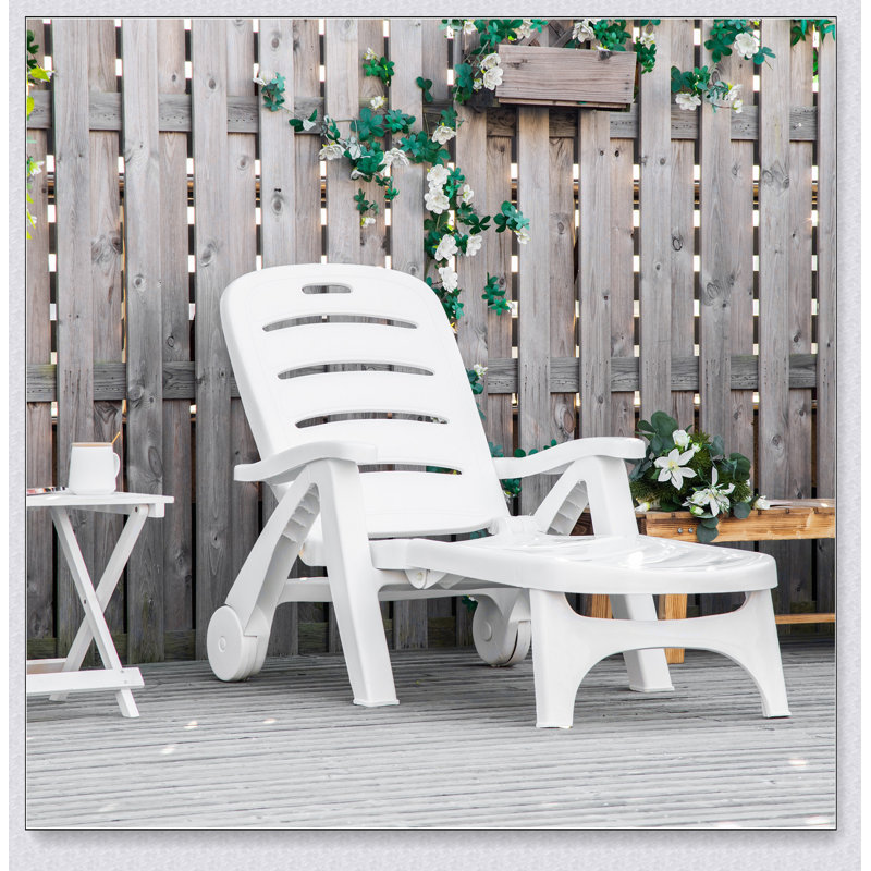 White Plastic Folding Outdoor Chaise Lounge with Adjustable Backrest and Wheels
