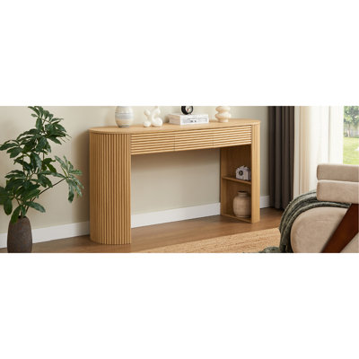 [Vidéo] Console rétro avec rangement, 3 tiroirs, 1 niche de pied de table, esthétique à lattes rondes, entrée, salon et couloir, nature