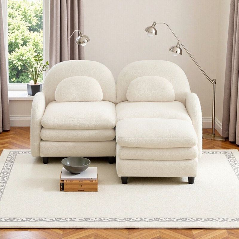 Canapé modulaire à 2 places avec coussin double et repose-pieds Cloud-Like, Blanc beige