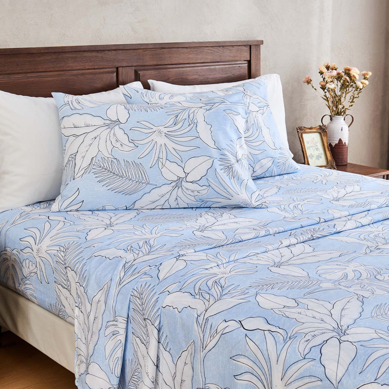 Ensemble de draps 4 po Gogreen, Ensemble de draps pour lit double avec 2 taies d'o, Feuilles bleues