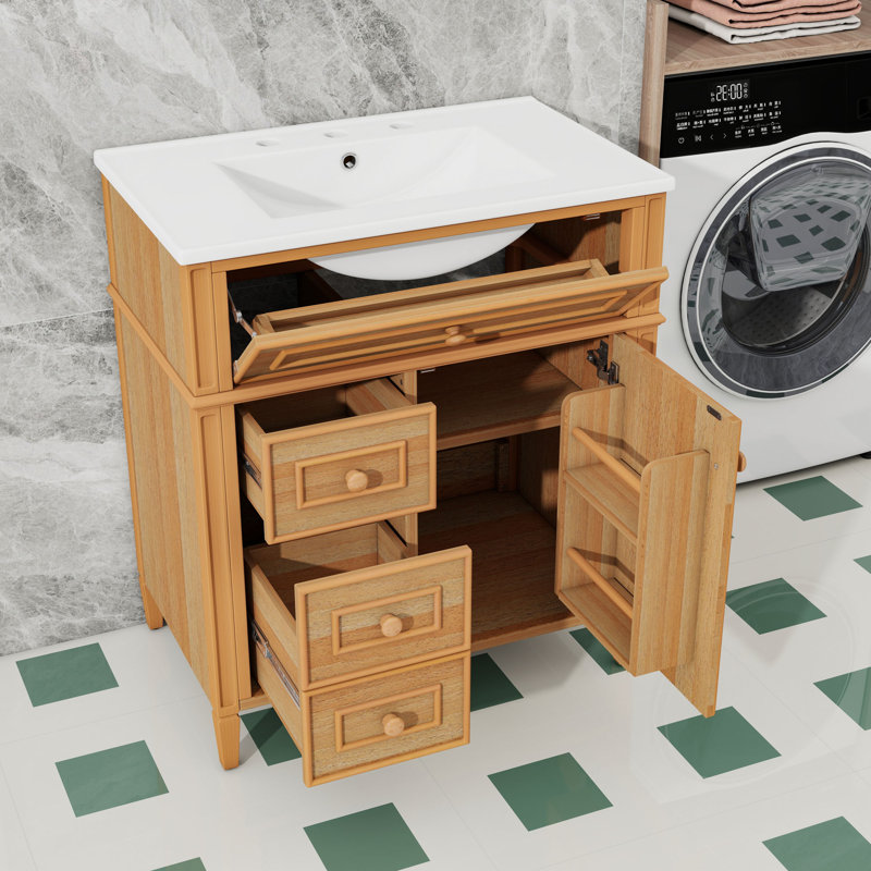 Meuble-lavabo en bois 30 po avec lavabo, tiroirs, tablette et porte, Bois, 30"