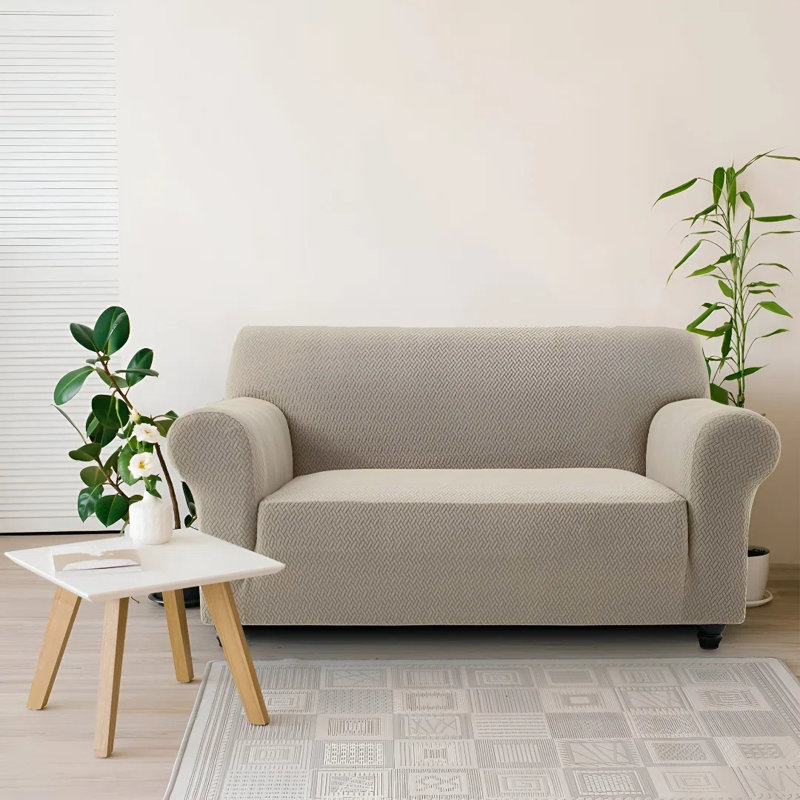 	Luxury Jacquard Pattern Spandex Sofa Cover - Stretch Slipcover for Sofa Protection, 179cm H x 224cm W - (2 Seater), Beige