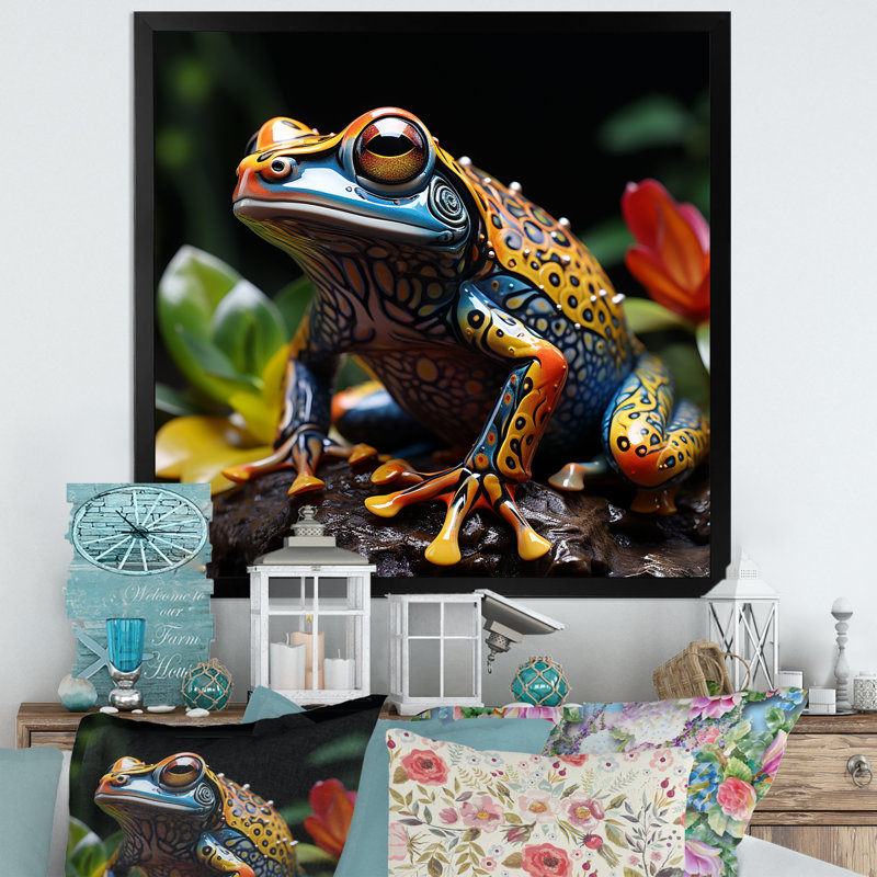 «Multicolor Frog Portait Glass I», reproduction sur toile, H 30 po x l 30 po x P 1 po, Cadre simple noir