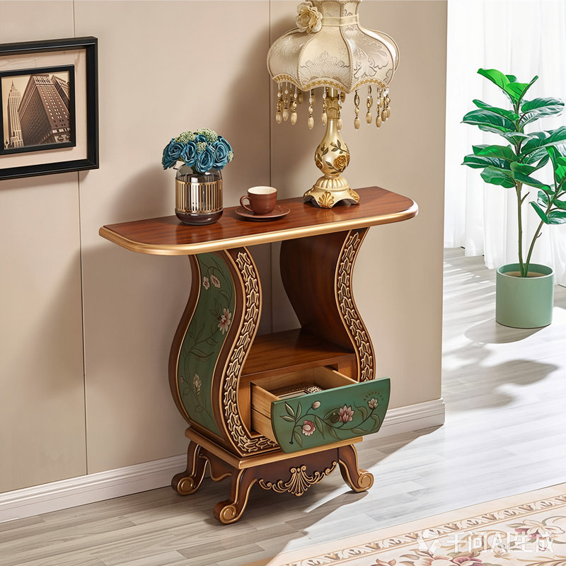 Console 35,43 po en bois massif sculpté et peint à la main