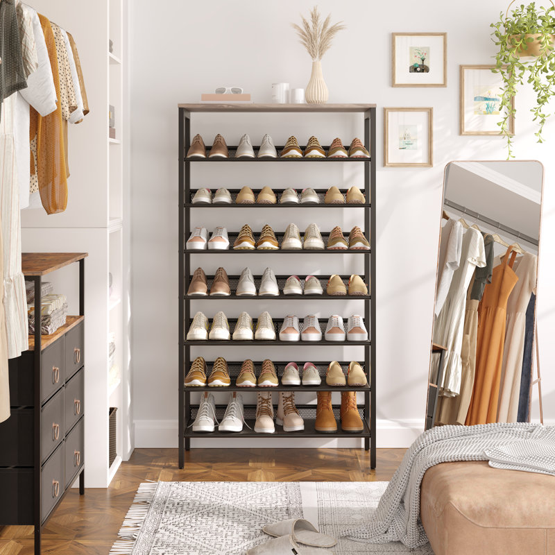 Shoe Rack 8 Tier Rustic Brown Industrial Hallway Furniture, 137'' H x 75'' W x 30'' D, Brown/Black