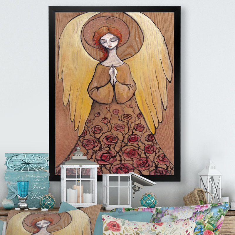 Illustration d'un ange religieux - reproduction d'art sur toile traditionnelle, Impression noire sur toile encadrée