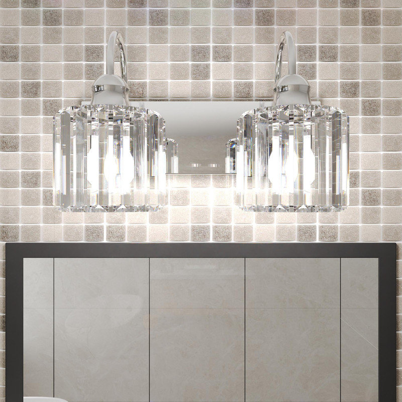 Éclairage pour salle de bain 2 lumières avec abat-jour en verre transparent cannelé, luminaire mural chromé, 2
