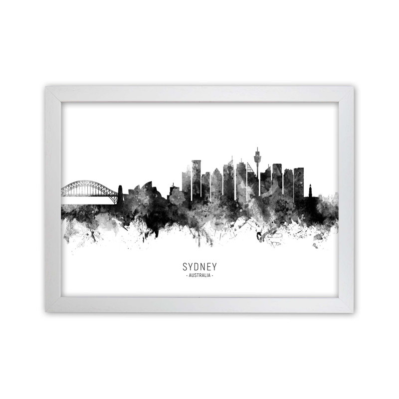 Sydney Australia Skyline Black White City Name by Michael Tompsett - Print, 25cm H x 34cm W x 3cm D, White Framed