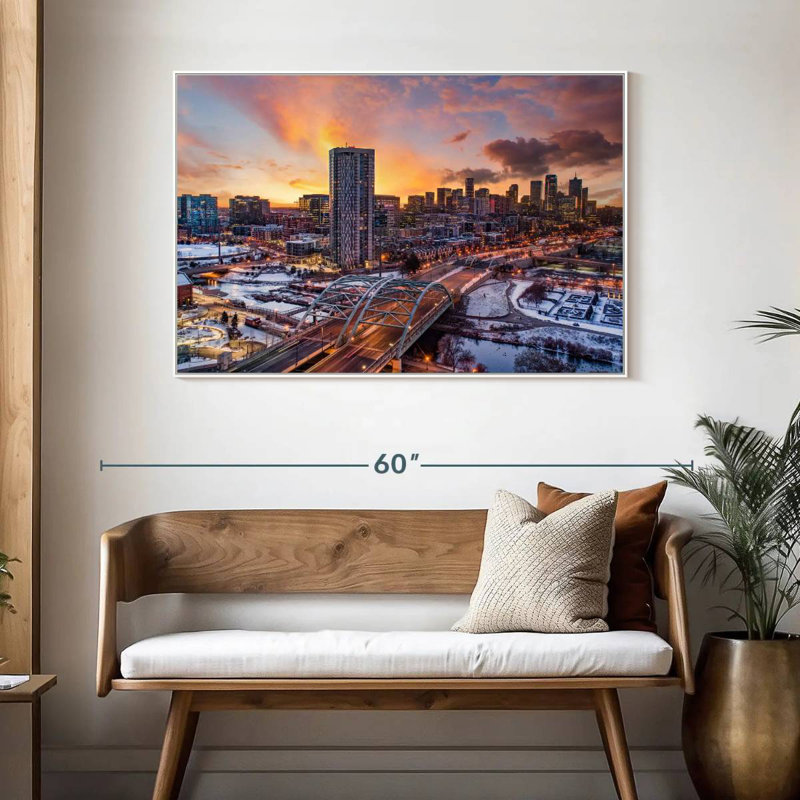 Coucher de soleil d'hiver à Denver, Cadre flottant blanc, 46 po x 31 po