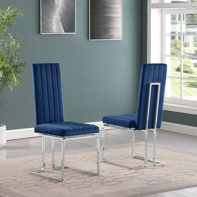 Chaise de salle à manger en velours, Argent, Bleu marine
