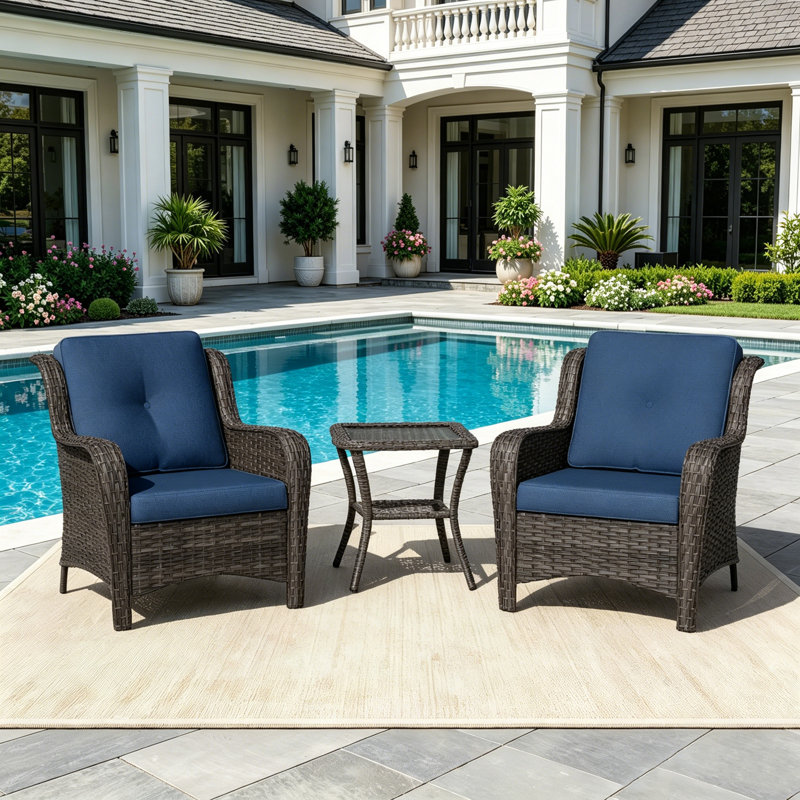 2-Person Outdoor Patio Conversation Rattan Seating Group With 1 Coffee Table,2 Armchairs and Blue Cushions, Blue