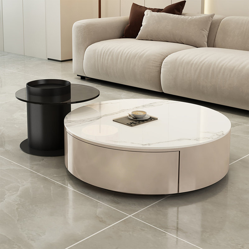 Table basse moderne simple ronde, Blanc, Kaki, H 12,2 po x L 35,4 po x l 35,4 po