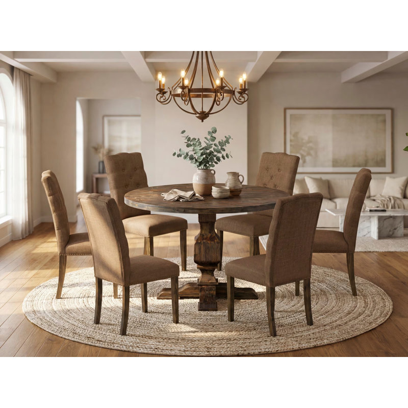 7 Piece Dining Set Consist of a Round Dining Room Table with Pedestal and 6 Brown Linen Fabric Upholstered Parson Chairs, Distressed Jacobean