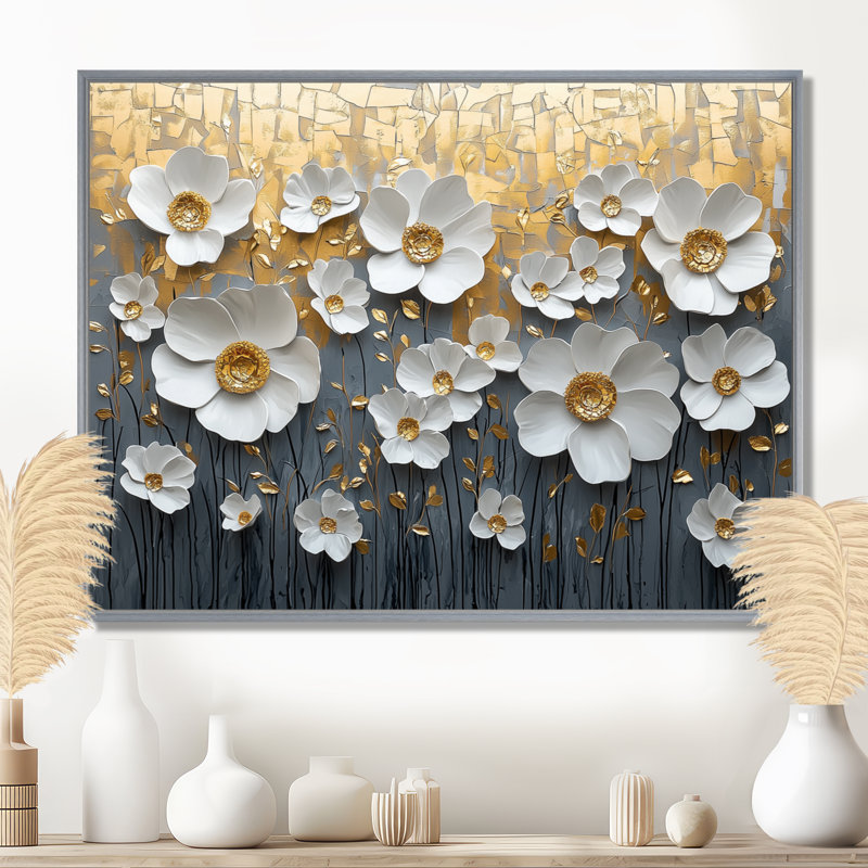 Mudasar, fleurs blanches et dorées, fleurs sauvages V - Art mural fleurs sauvages, H 24 po x l 32 po, Cadre flottant