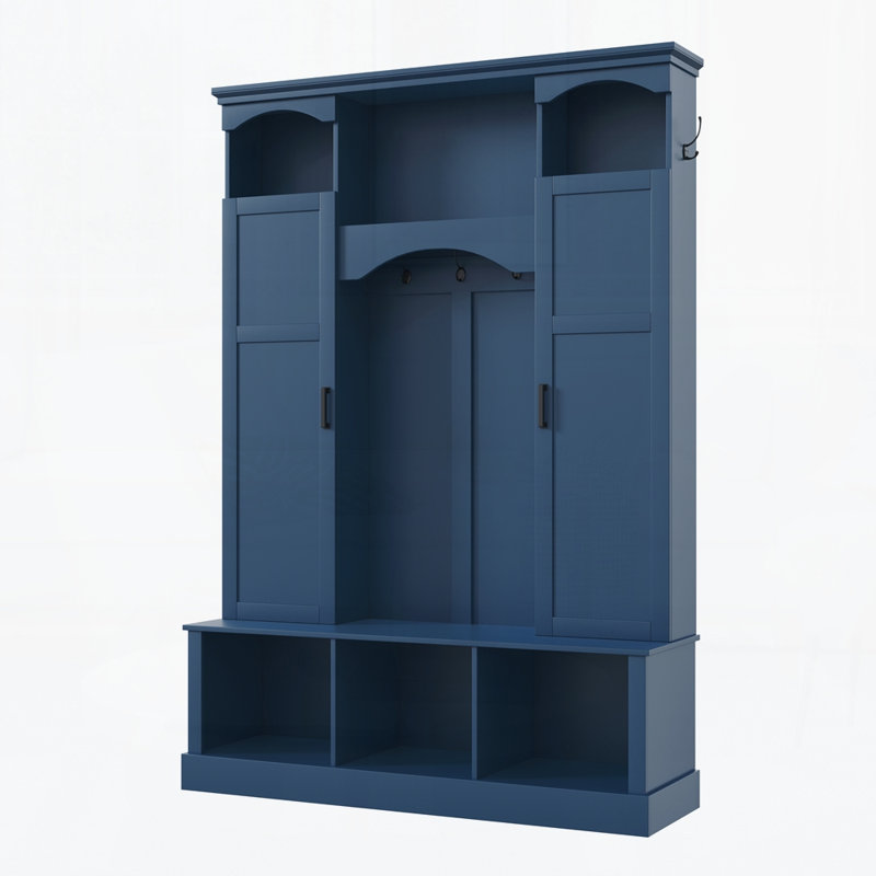 Portemanteau moderne tout-en-un avec tablettes réglables, banc de rangement de style campagnard arqué classique avec armoires latérales doubles, organisateur de hall d'entrée élégant avec 7 crochets pour vestibule, couloir