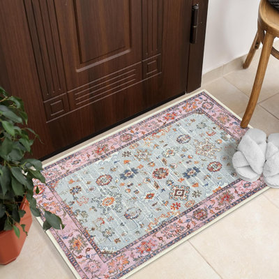 Collection traditionnelle GLN Rugs - tapis lavable à la machine, tapis traditionnel lavable, tapis lavable antidérapant, tapis de salon en chenille à poils courts, tapis de chambre à coucher, tapis de cuisine (tapis rose et gris)