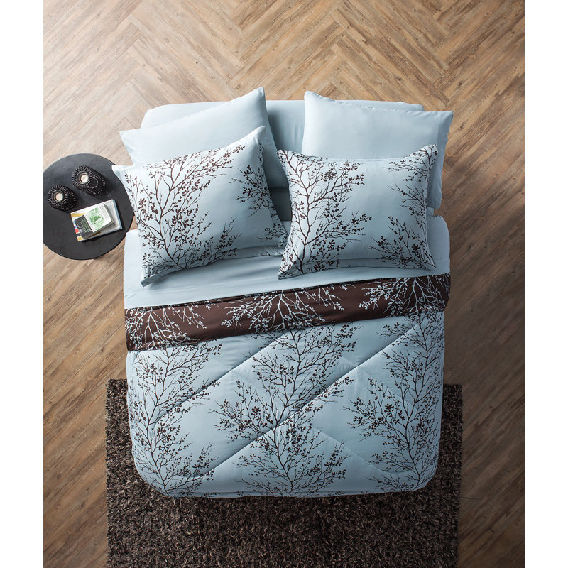 King Blue and Chocolate Floral Microfiber Bed in a Bag Set