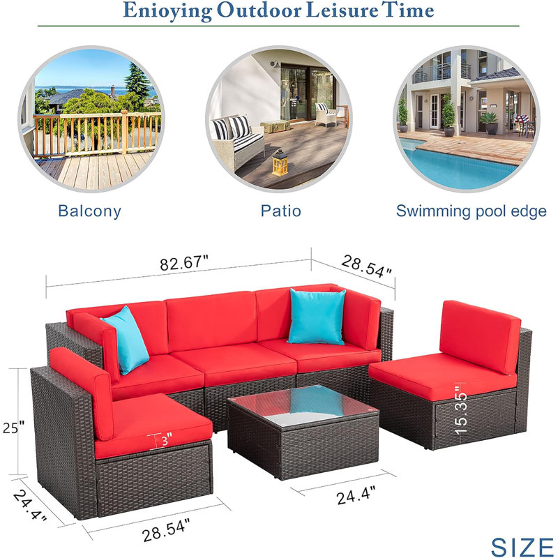 6 Piece Wicker / Rattan Outdoor Sectional Seating Group with Cushions, Red