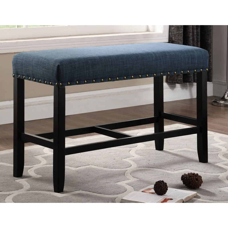 Counter Height Dining Bench With Blue Fabric Covering And Legs Trim Blend For Elegant Stable Structure, Blue