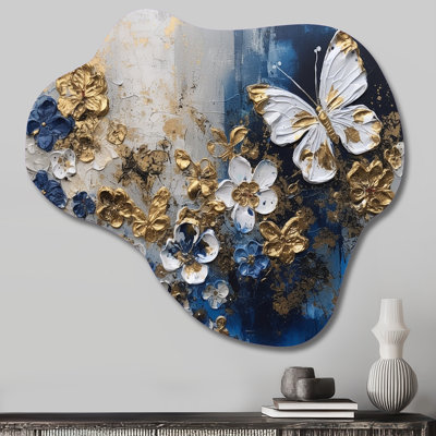 Golden Blue Butterfly Wings And Flowers I - Cloud Floral Metal Art, Asymmetrical Metal Wall Sculpture Print