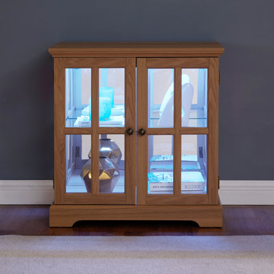 Led Curio Display Cabinet,Antique Display Cabinet With Adjustable Shelves,Retro Design Quality Showcase With Lattice Doors Elegant Bookcase And Storage Cabinet For Home Decor And Organization Oak