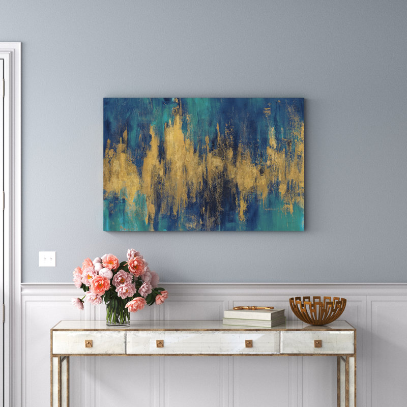 Blue And Gold Abstract Crop by Danhui Nai - Wrapped Canvas Painting, 30cm H x 46cm W x 3.8cm D, Wrapped Canvas